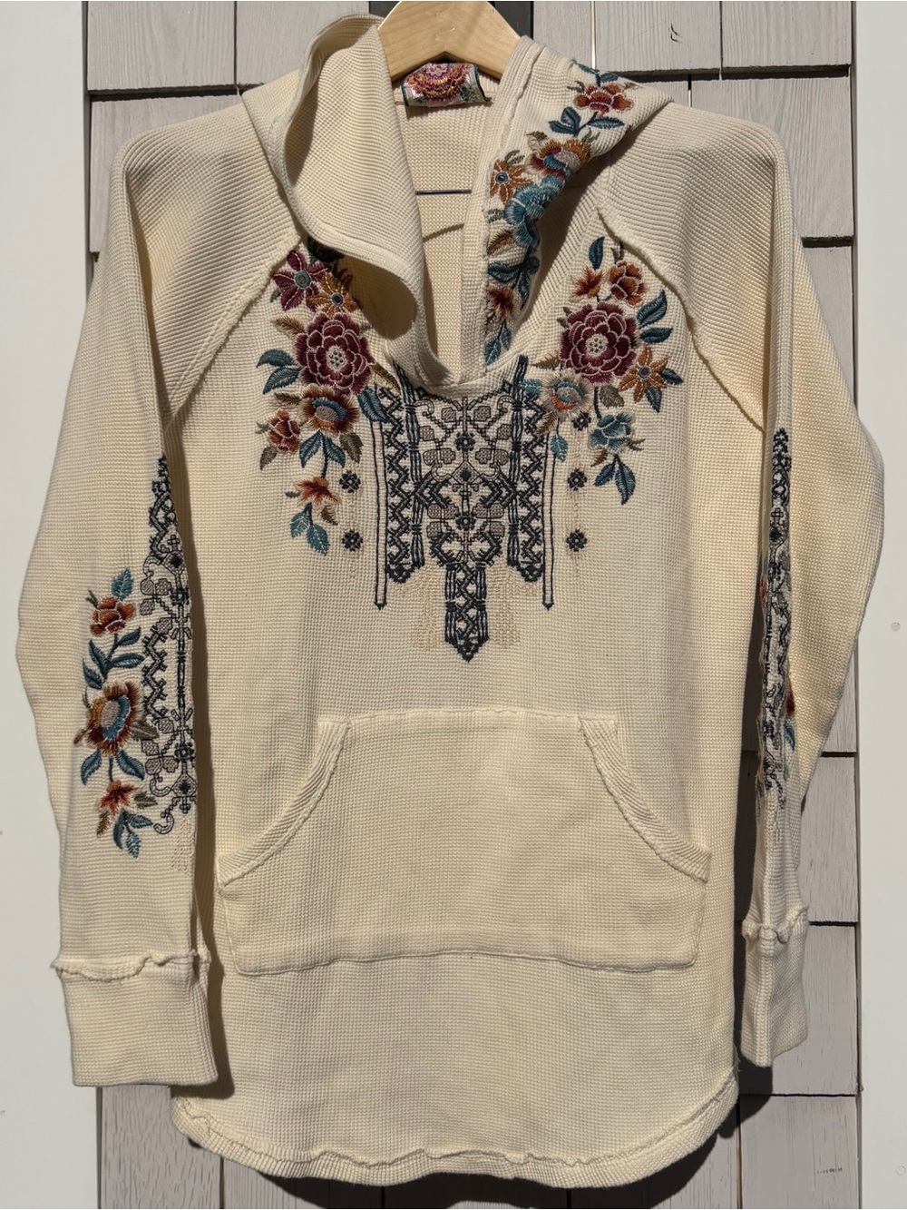 Johnny Was Eleni Embroidered Waffle Knit Thermal Hoodie Cream Boho